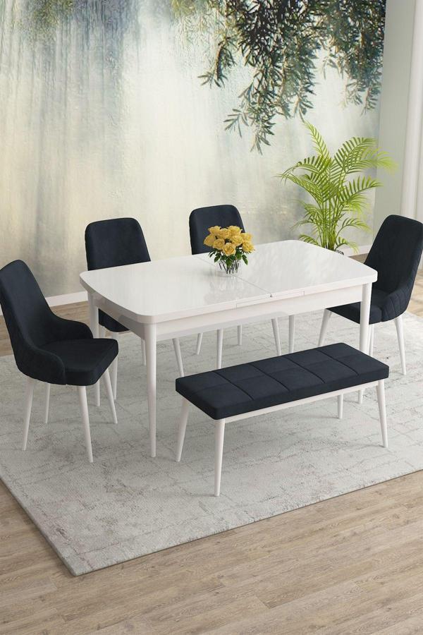Meri Serisi Beyaz 80x132 Açılabilir Mdf Masa Yemek Odası Takımı,Mutfak Masa Takımı 4 Sandalye 1Bench - Image 1