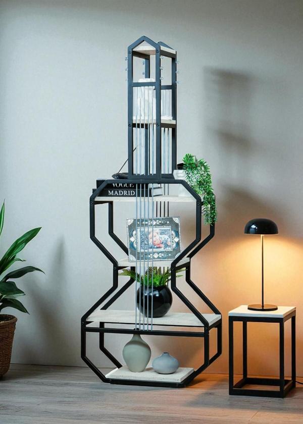 DEKORATİF SİYAH METAL KİTAPLIK BEYAZ AHŞAP RAFLI GİTAR ÜNİTE ÇOK AMAÇLI SALON OFİS DÜZENLEYİCİ - Image 1