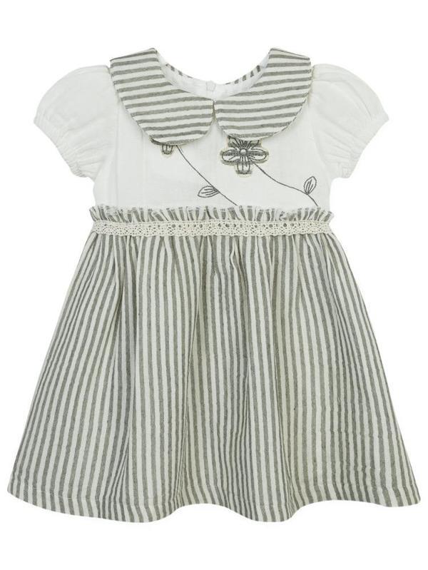 Bombili Çiçek Nakışlı Çizgili 1-3 Yaş Elbise - Haki2-3 Yaş - Image 1