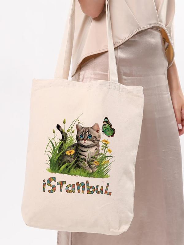 Bagg İstanbul Çiçekli Kedi Baskılı Bez Çanta - StandartStandart - Image 1