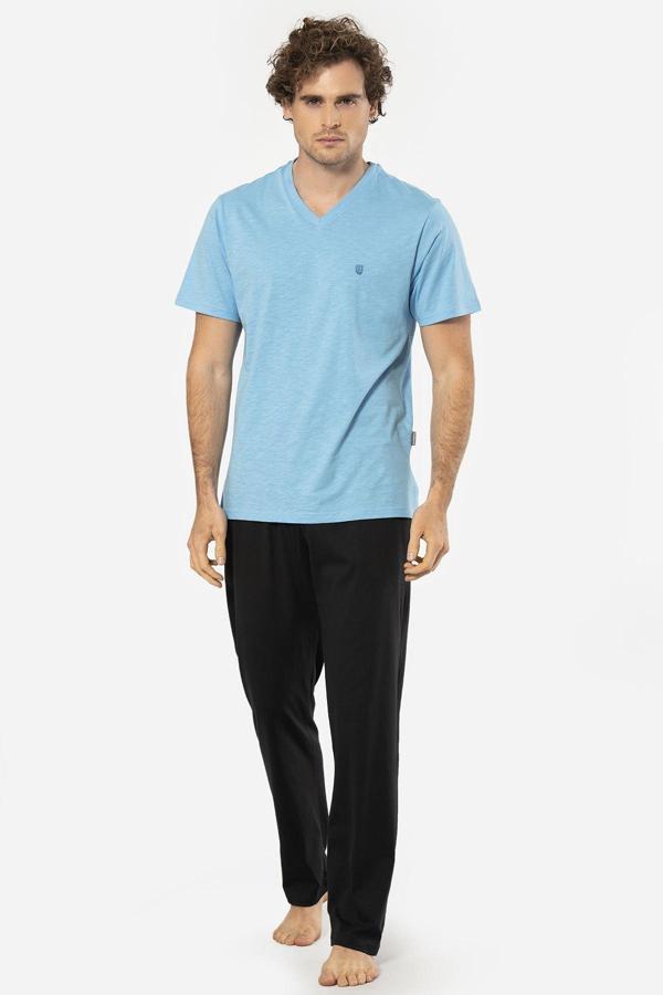 Cacharel Erkek Şantuklu V Yaka Nakışlı Kısa Kollu Pijama 2137/Mavi - Image 1