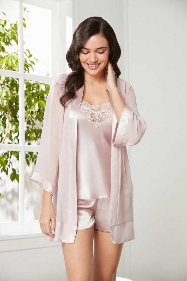 Pierre Cardin Pudra 3'lü Saten Dantelli Şort Ve Şifon Dantelli Sabahlık Takımı 2475 - Image 1