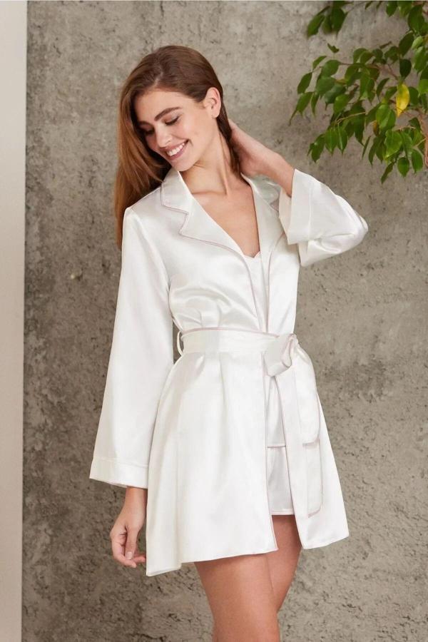 Pierre Cardin Saten 4lü Gecelik Sabahlık Şort Seti Ekru 7200 - Image 1