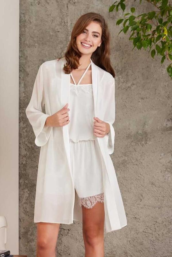 Pierre Cardin Dantelli Kadife Tulum Sabahlık Takım 4800 Ekru - Image 1