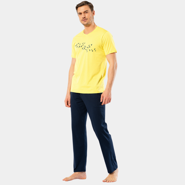 Türen Erkek Baskılı V Yaka Pantolon Pijama Takım 4135/Sarı - Image 1
