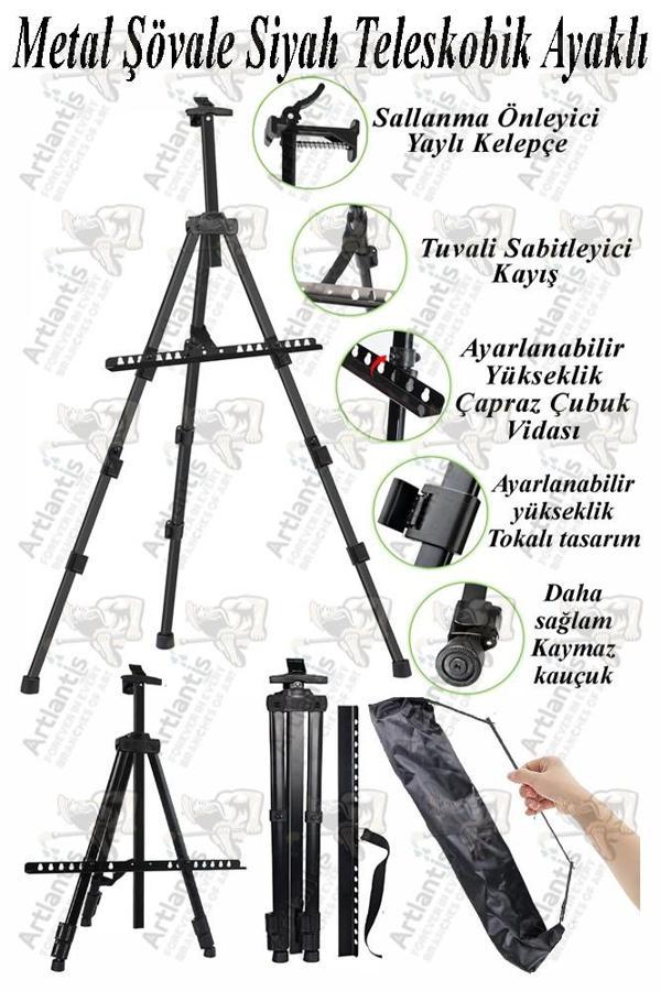 Metal Şövale 1 Adet Siyah Teleskopik Ayaklı Çantalı Resim Şövale Portatif Ayarlanabilir Tripod Üç Ayaklı Alümünyum - Image 1
