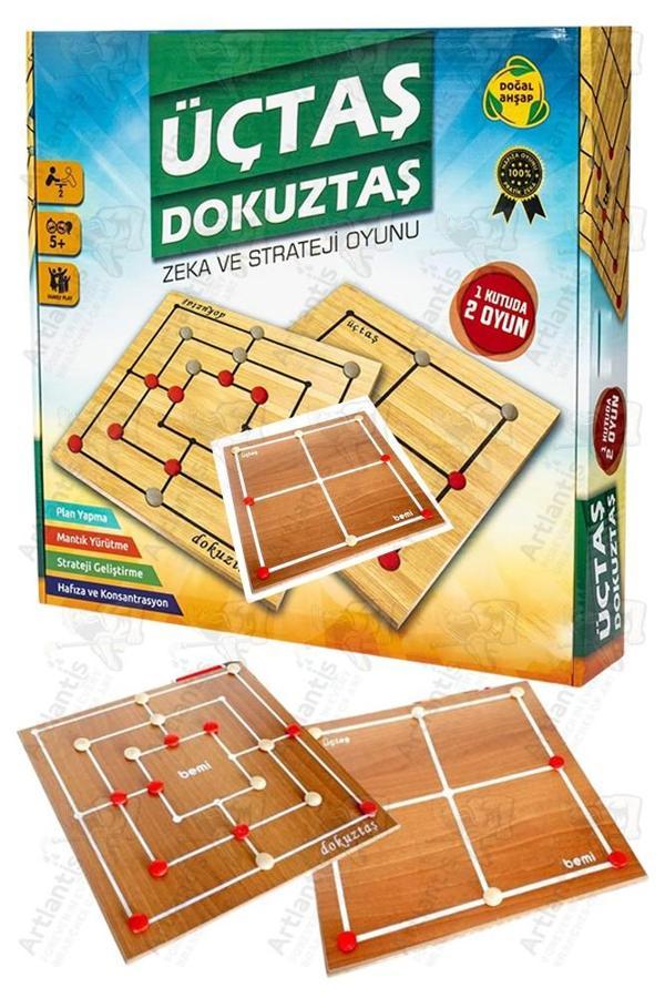 Üç Taş ve Dokuz Taş Oyunu Ahşap Tabla 1 Paket Üçtaş ve Dokuztaş Zeka ve Strateji Kutu Oyunu - Image 1