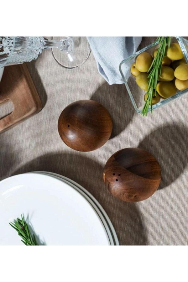 Rehau Modern Lüks Akasya Ağaç Top Tuzluk- Biberlik 2'Li Set - Image 1