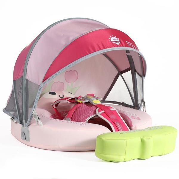 Mambobaby Yüzme Simidi - Pink Flowers, Emniyetli, Gölgelikli ve Ayak Destekli - Image 1