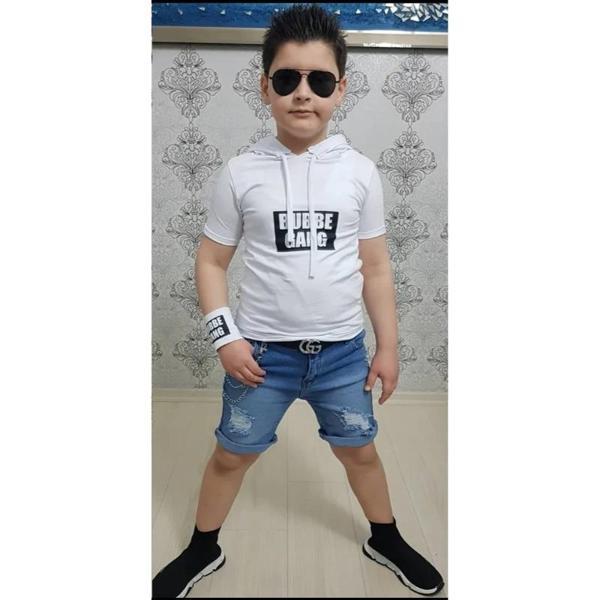 MODAVALS KAPİŞONLU SWEAT BİLEKLİK ZİNCİR AKSESUARLI 4 PARÇA ERKEK ÇOCUK KOT ŞORT KOMBİN - BEYAZ  - Image 1