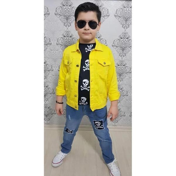 MODAVALS GABARDİN CEKETLİ KURU KAFA TASARIMLI ERKEK ÇOCUK KOT KOMBİN - SARI - Image 1