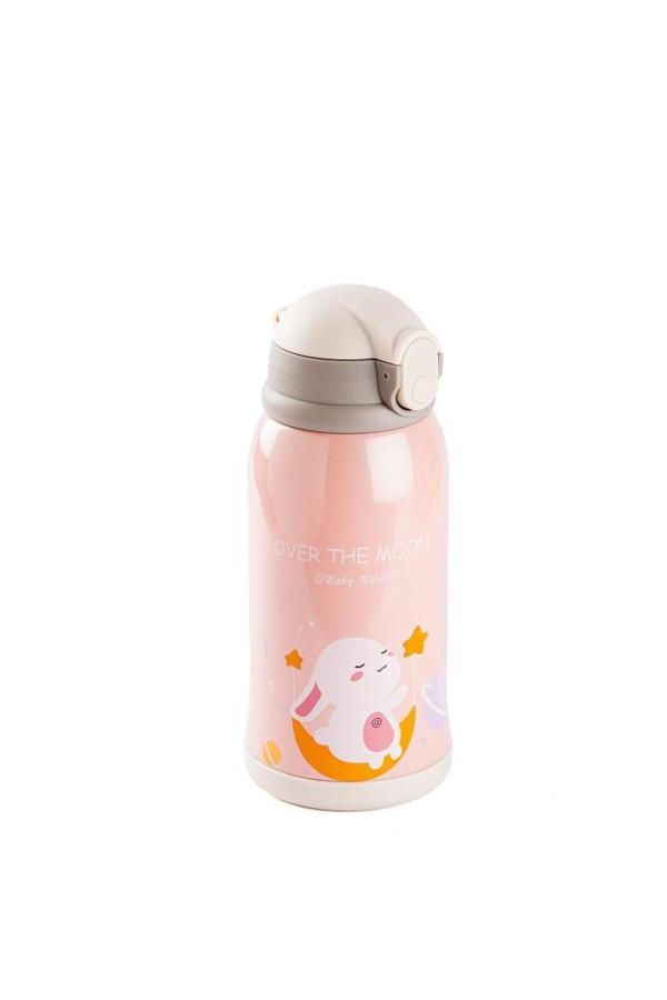 KAKE PEMBE TAVŞAN DESENLİ ÇİFT KAPAKLI ÇOCUK TERMOSU 600ML - Image 1