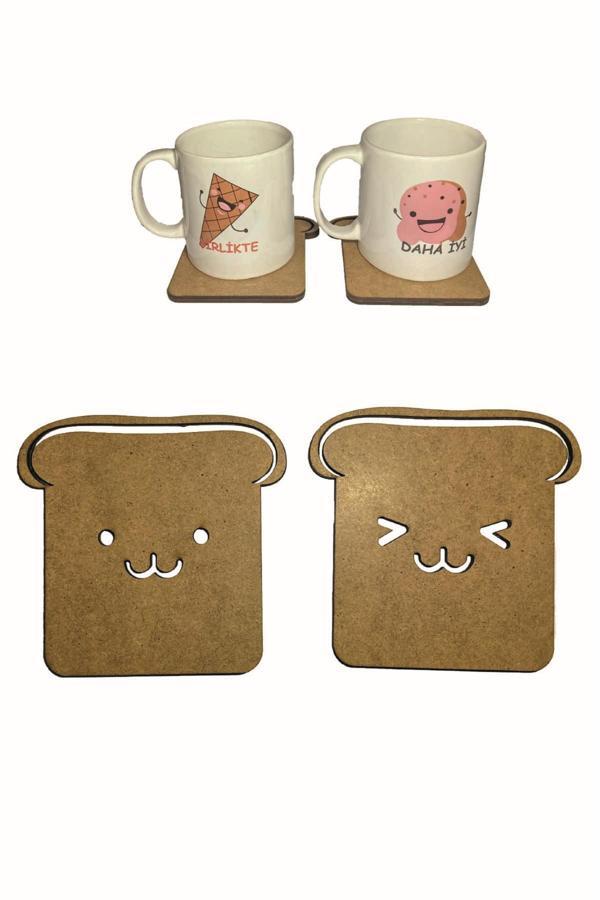 Tost Ahşap Bardak Altlığı 2 lı Set Sevgililere Özel Bardak Altlığı - Image 1