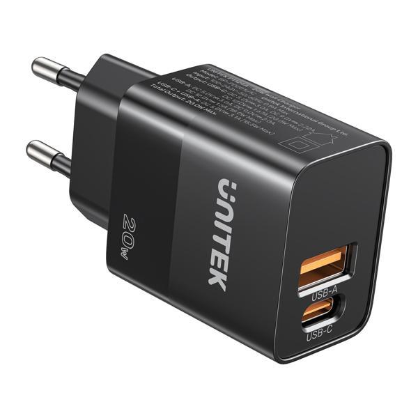 Unitek 20W Hızlı Şarj Adaptörü 1*USB-C 1*USB-A (P1124ABK-EU) - Image 1