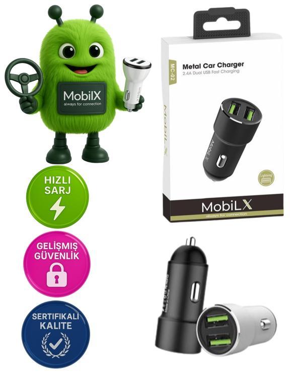 MobiLX MC-02 2.4A Çift USB Portlu Metal Araç Şarj Cihazı | Type-C ve Lightning Kablo Uyumlu – Siyah - Image 1