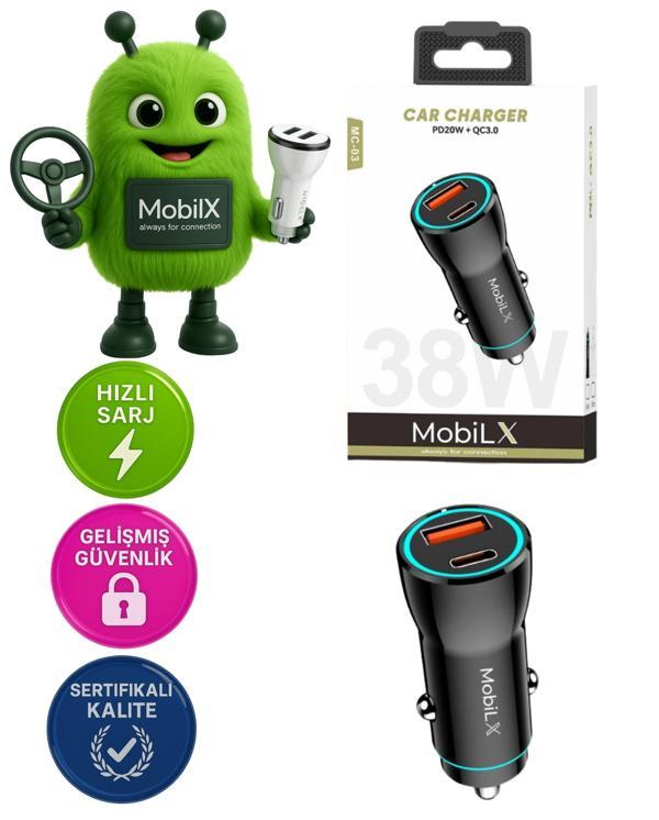 MobiLX MC-03 38W PD + QC3.0 Metal Araç Şarj Cihazı – USB & Type-C Hızlı Çakmaklık Adaptörü - Image 1