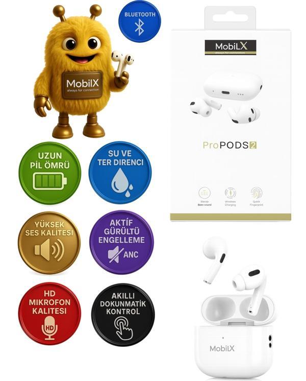 MobiLX PRO 2 Kablosuz Bluetooth Kulaklık – AirPods Pro 2 Görünümlü, Premium Stereo Ses, HD Mikrofon, HiFi, ANC, Kılıf He - Image 1