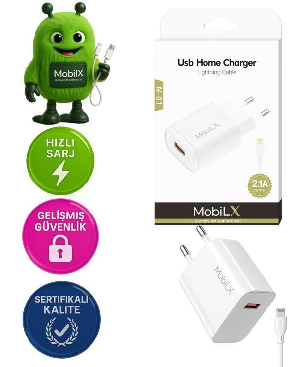 MobiLX M-01 iPhone 11–14 Pro Max Uyumlu 2.1A USB Şarj Adaptörü + Lightning Kablo - Image 1