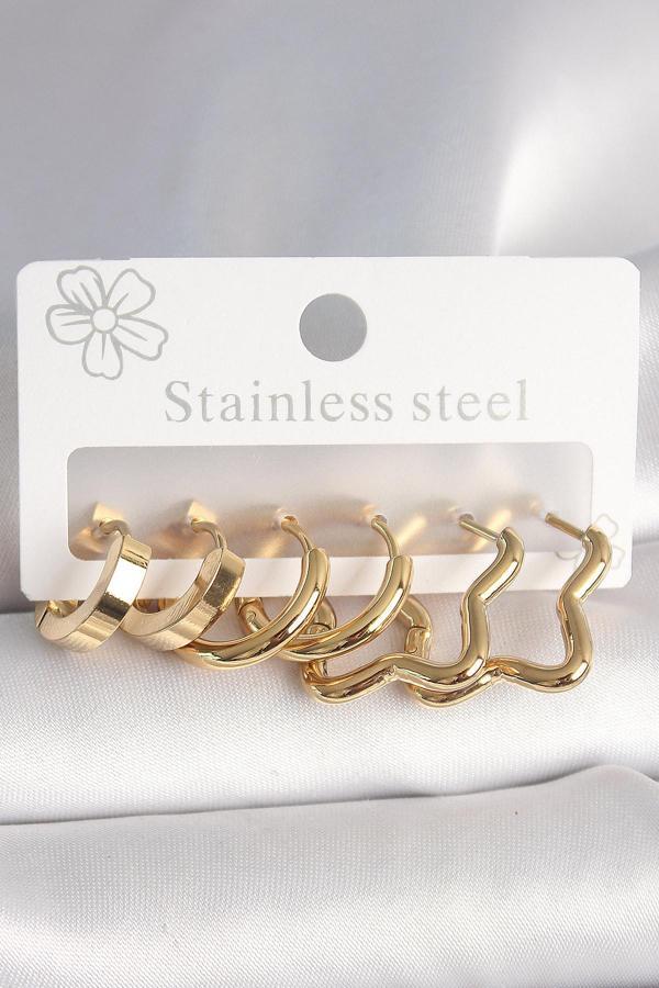 316L Çelik Gold Renk Yıldız Halka Model Kadın Küpe Seti 10392 - Image 1
