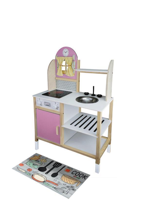 ÇG91 Pembe Ahşap Ledli Çocuk Mutfağı Pembe, Ahşap Mutfak Oyuncağı, Hediye Çocuk Halısı T1010 - Image 1