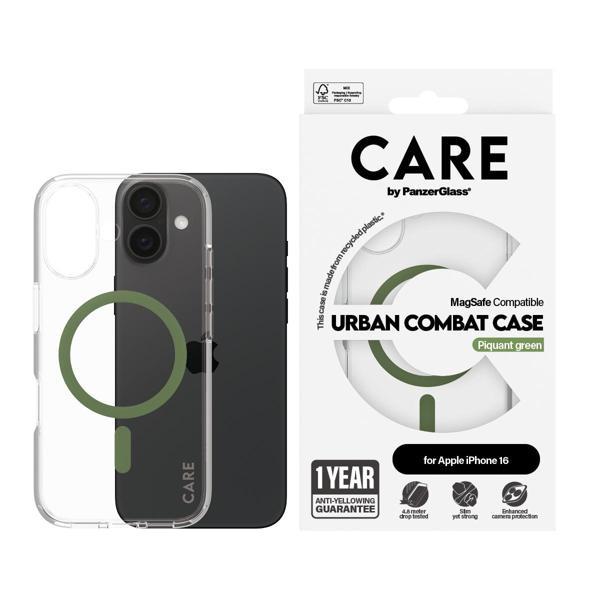 CARE by PanzerGlass Flagship iPhone 16 MagSafe Uyumlu Urban Combat Şeffaf-Yeşil Telefon Kılıfı - Image 1