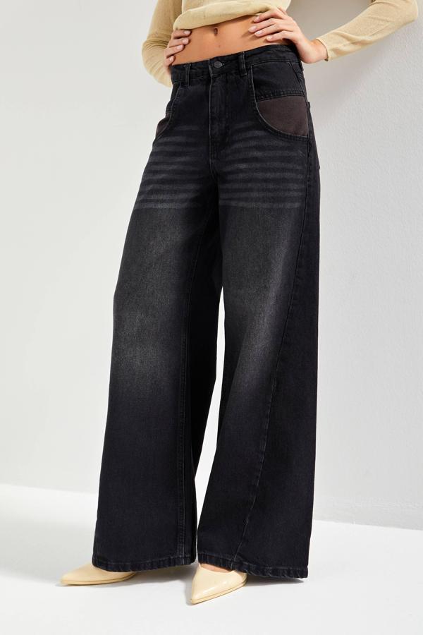 Kadın Koyu Füme Renk 2w5-1 Palazzo fit Bol Kesim Cep Detaylı %100 Koton Denim Jean - Image 1