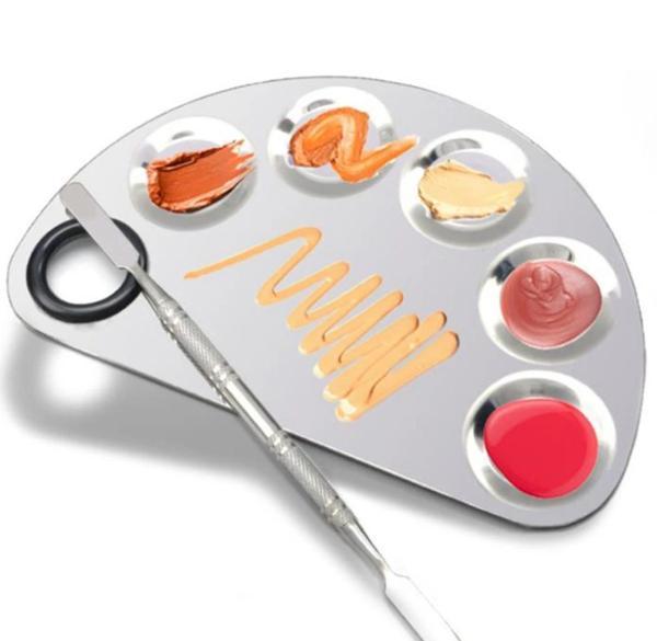 Mecno Beauty MB-PLT-001 Paslanmaz Çelik Fondöten Karıştırma & Makyaj Karıştırma Paleti ve Spatula - D Şekil - Metalik Gri - Image 1