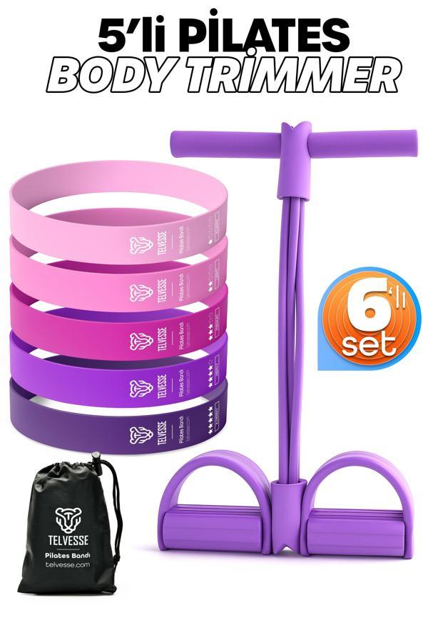 6LI SET Body Trimmer + Pilates Lastiği Seti Mekik Kürek Çekme Spor Kondisyon Egzersiz Aleti Mor - Image 1