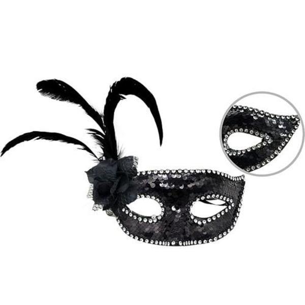Siyah Yandan Tüylü Güllü Taşlı Pullu Maske - Image 1