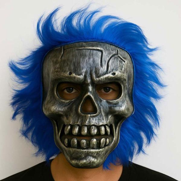 Wild Skull - Gümüş Kafatası Mavi Saçlı İskelet Maske - Image 1