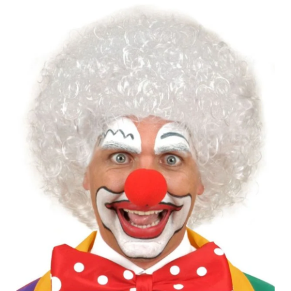 Beyaz Kıvırcık Afro Peruk ve Kırmızı Sünger Burun Seti - Image 1