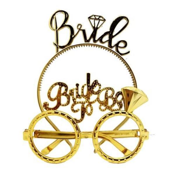 Bride Yazılı Taç ve Bride To Be Yazılı Gözlük Seti Altın Renk - Image 1