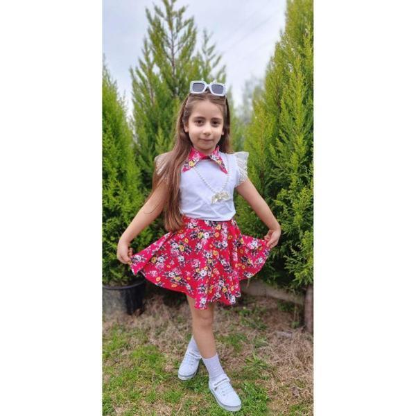 MODAVALS DANTELLİ KOLYELİ ÇİÇEK DESENLİ KIZ ÇOCUK ETEKLİ KOMBİN - KIRMIZI - Image 1