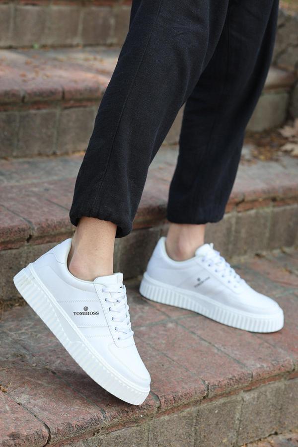 Zeno Beyaz Beyaz Garantili Dikişli Kalın Taban Bağcıklı Erkek Ortopedik Günlük Sneaker Spor Ayakkabı - Image 1