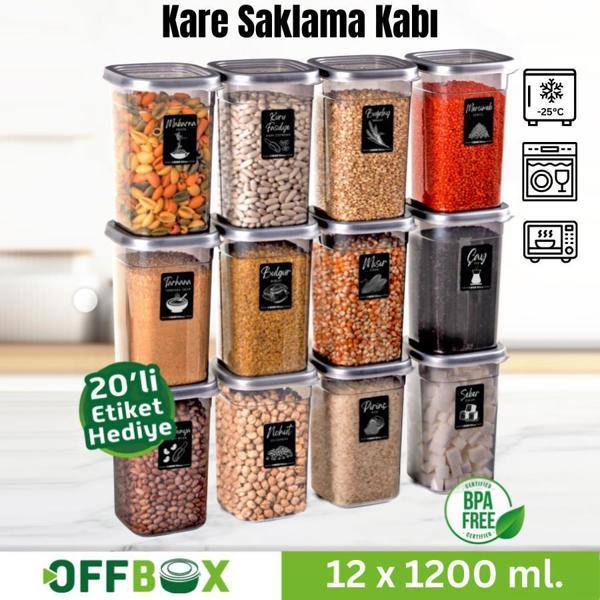 Offbox Kare Bakliyat Baharat Gıda Saklama Kabı - 1.2 Lt. - 12 Adet - Image 1