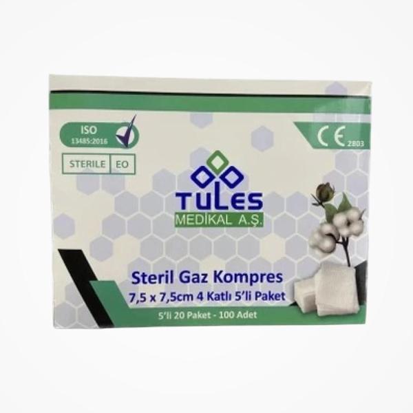 Tules Steril Gaz Kompres 4 Kat 7,5cm x 7,5cm (5'li Zarf) - 100'lü Kutu - Image 1