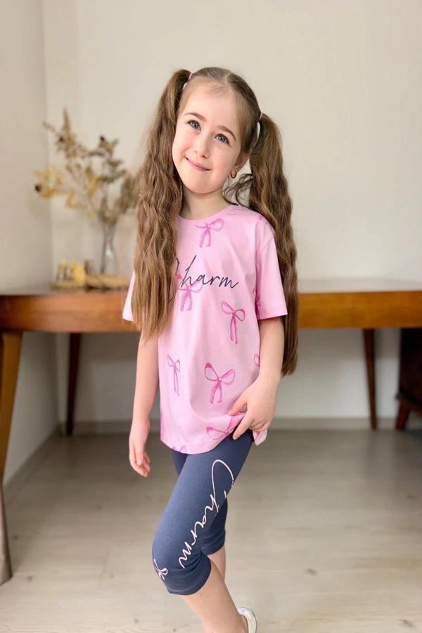 Fiyonk Desenli Kız Çocuk Pembe Renk Taytlı Takım - Image 1