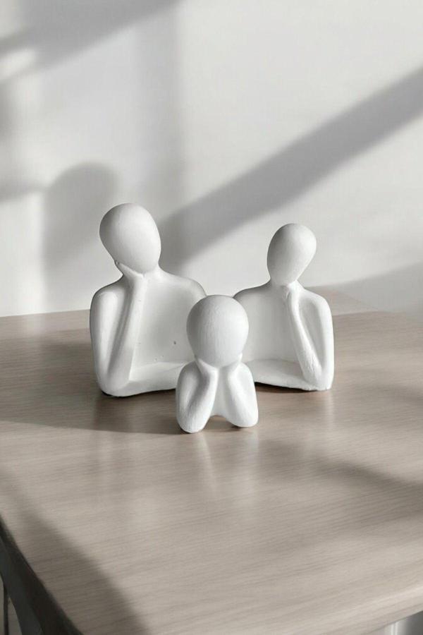 Üçlü Aile Dekoratif Obje Biblo + Oval Tabak (8 cm-7 cm-6 cm) Beyaz - Image 1