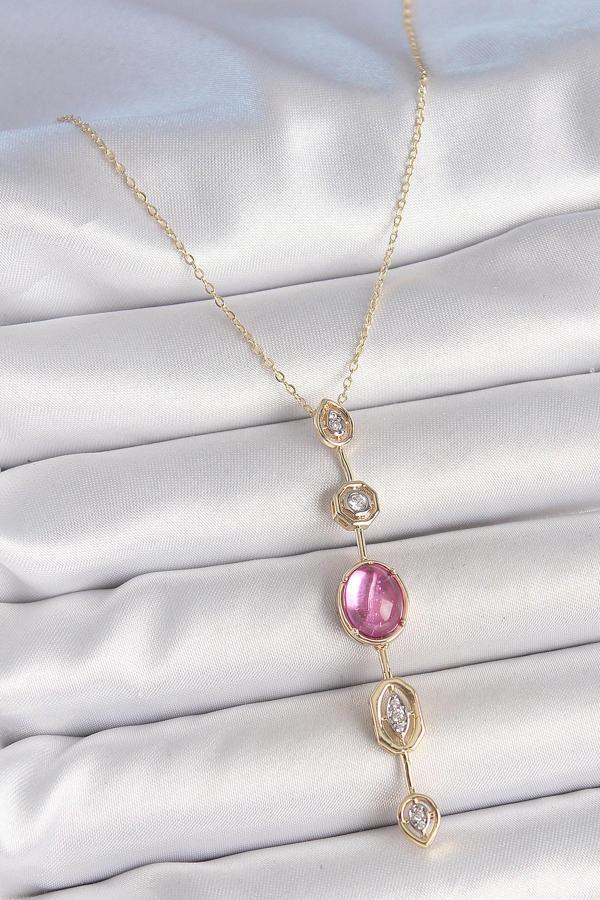 Pirinç Zincir Gold Renk Pembe Zirkon Taşlı Y Kolye 10228 - Image 1