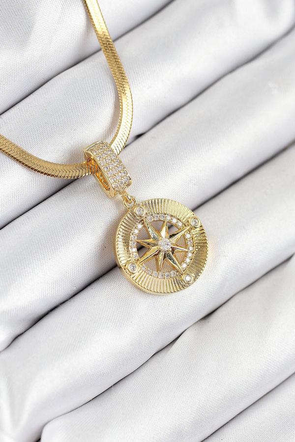 316L Çelik Zirkon Taşlı Pusula Model Gold Renk Kadın Kolye 10532 - Image 1