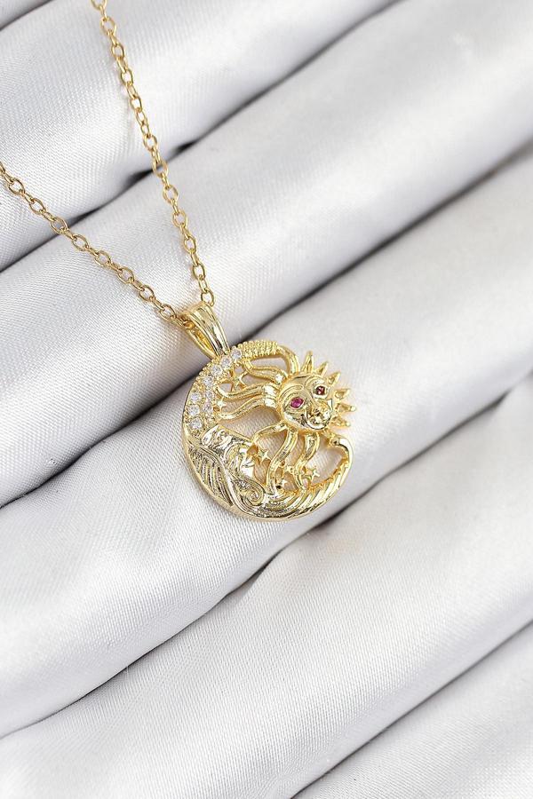 316L Çelik Zirkon Taşlı Ay Ve Güneş Model Gold Renk Kadın Kolye 10538 - Image 1