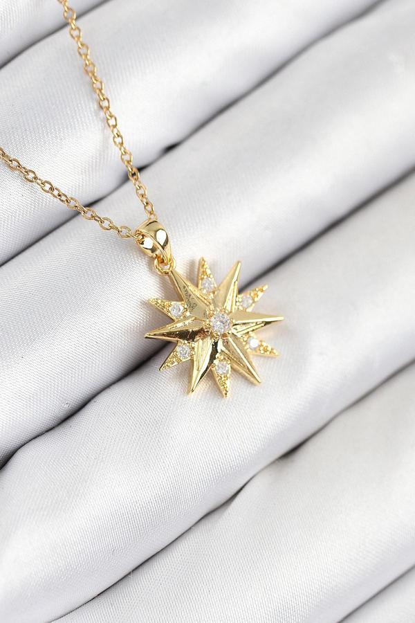 316L Çelik Zirkon Taşlı Kutup Yıldızı Model Gold Renk Kadın Kolye 10536 - Image 1