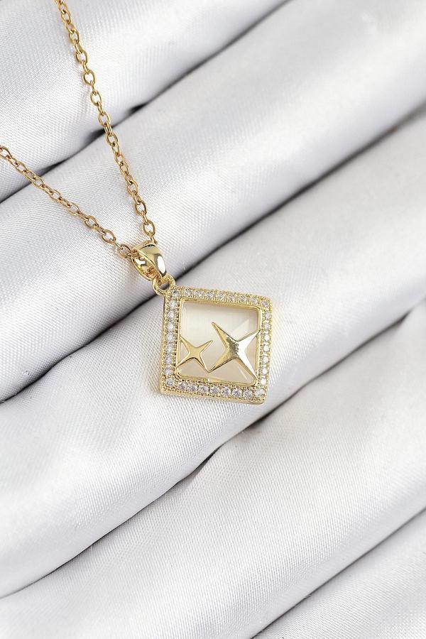 316L Çelik Zirkon Taşlı Yıldız Model Gold Renk Kadın Kolye 10540 - Image 1