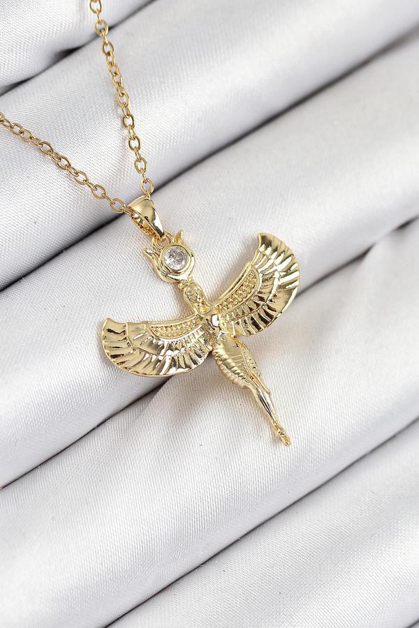 316L Çelik Zirkon Taşlı Melek Model Gold Renk Kadın Kolye 10520 - Image 1