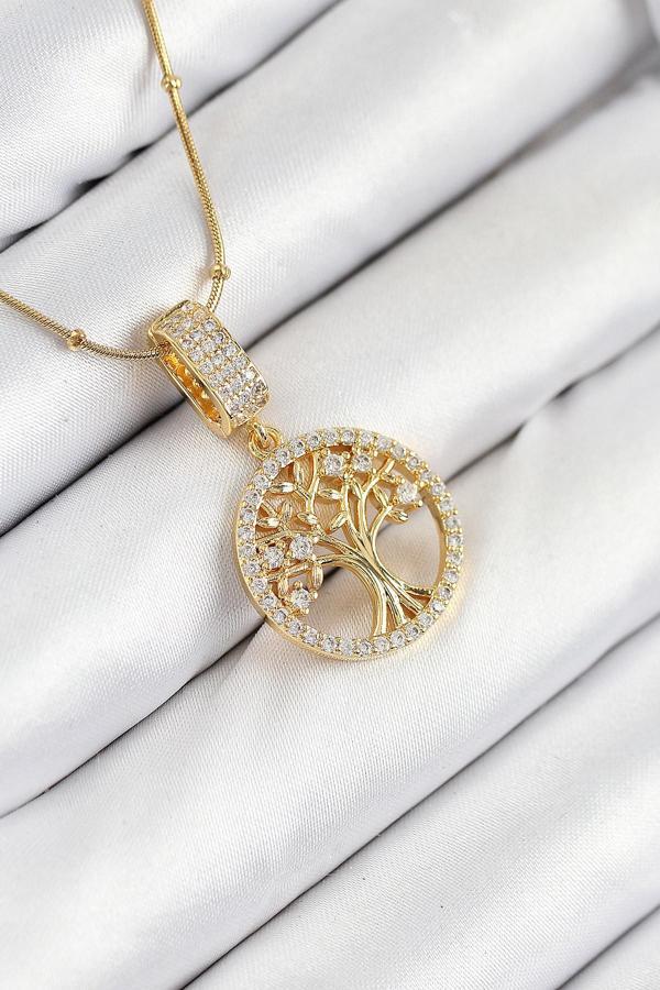 316L Çelik Zirkon Taşlı Hayat Ağacı Model Gold Renk Kadın Kolye 10525 - Image 1