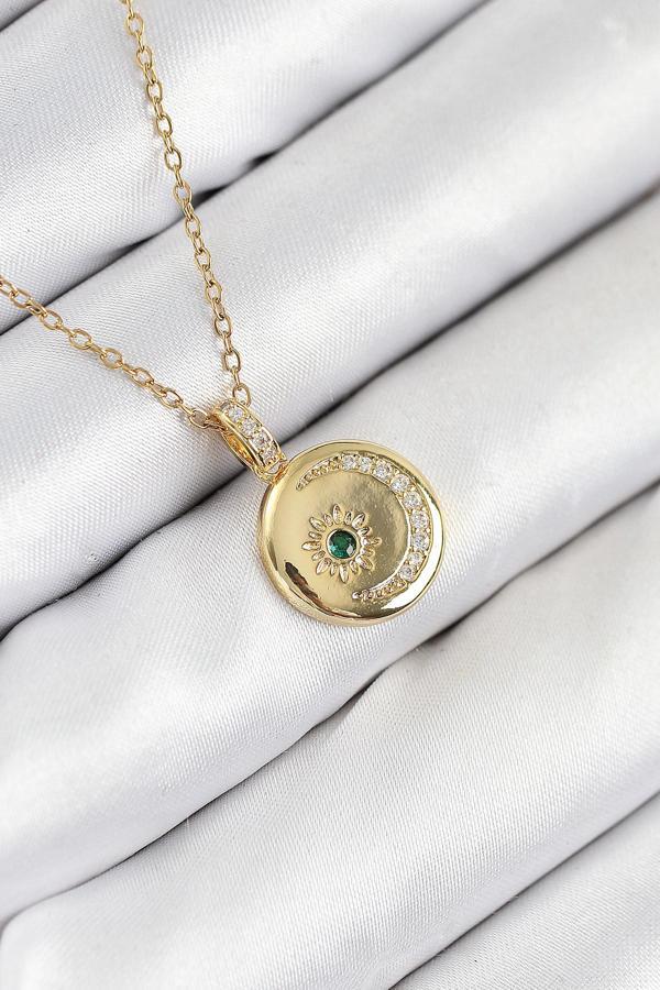 316L Çelik Zirkon Taşlı Ay Ve Güneş Model Gold Renk Kadın Kolye 10539 - Image 1