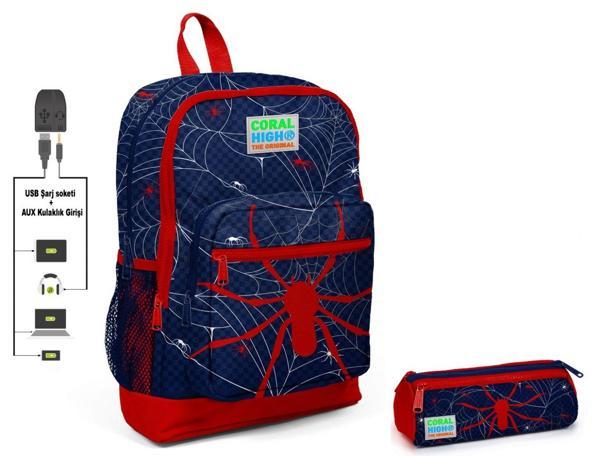 Coral High Örümcek Baskılı İlkokul Sırt Çantası ve Kalemlik Seti - Erkek Çocuk - USB Soketli - Image 1