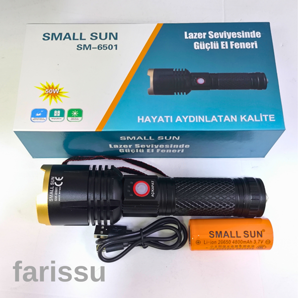 Small Sun SM-6501 Yüksek Güçlü, Şarj Edilebilir ve Odaklanabilir El Feneri - 800 Metre Menzil - Image 1