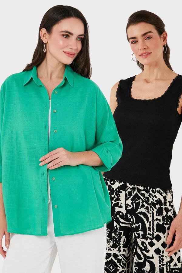 Lela Streç Pamuklu Oversize Fit 2' li Paket Bayan Gömlek-Atlet Set 67810014979S2 YEŞİL-SİYAH - Image 1