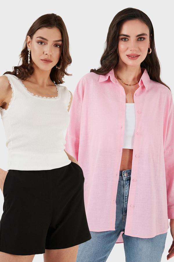 Lela Streç Pamuklu Oversize Fit 2' li Paket Bayan Gömlek-Atlet Set 67810014979S2 Pembe-Ekru - Image 1